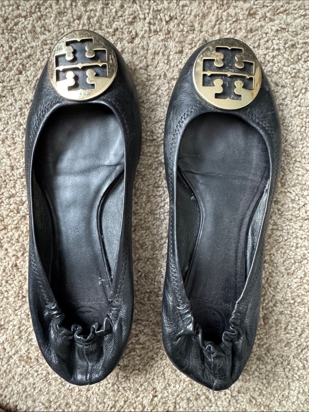Tory Burch Black Leather Ballet Flats with Gold Logo Medallion